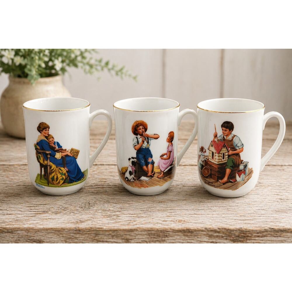 Vintage Norman Rockwell Museum mug set, 3 pieces, dated 1982.